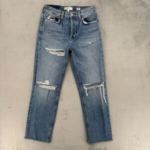 RE/DONE Originals High Rise Stove Pipe Jeans The Rip Distressed Blue Denim 26